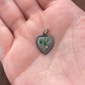 Vintage 925 Sterling Silver Enamel "Mama" Christmas Holly Puffy Heart Charm